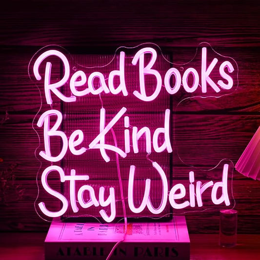 Read Books Be Kind Stay Weird Neon Sign USB Powered Pink Words LED Light Up Sign for Wall Decor Dimmable LED Read Kind Neon Light for Reading Room Bookstore School Library Book Lover Gifts