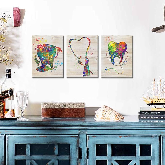 KREATIVE ARTS Brush Your Teeth Framed Canvas Art Painting Funny Poster Prints Teeth Anatomy Stomatology Wall Picture Print Dental Clinic Doctor Office Decor 16x20inchx3pcs