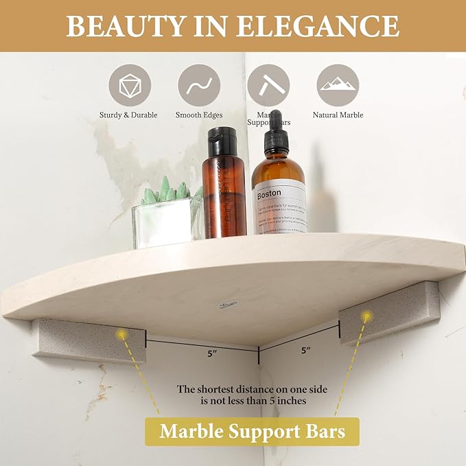 Koville 10'' Natural Marble Shower Corner Shelf for Bathroom, Wall Mounted Stone Corner Shower Caddy 1 Layer, No Drilling, Modern, Polished, Durable, Conical, Bathroom Storage - 1 Item