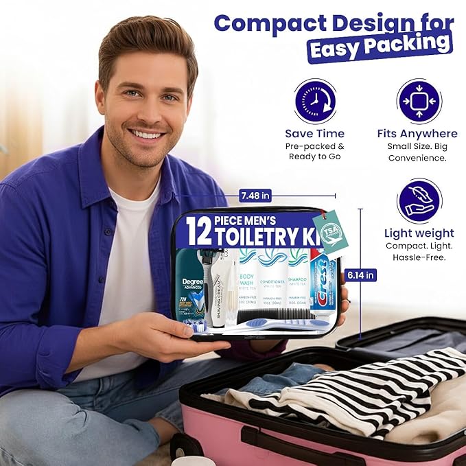 Trektote Bulk Hygiene Kit For Men – (50 Pack) 12 Piece Set Of Travel Size Toiletries, TSA Compliant, Bulk Travel Essentials, Includes Shampoo And Conditioner, Body Wash, Toiletry Bag & More