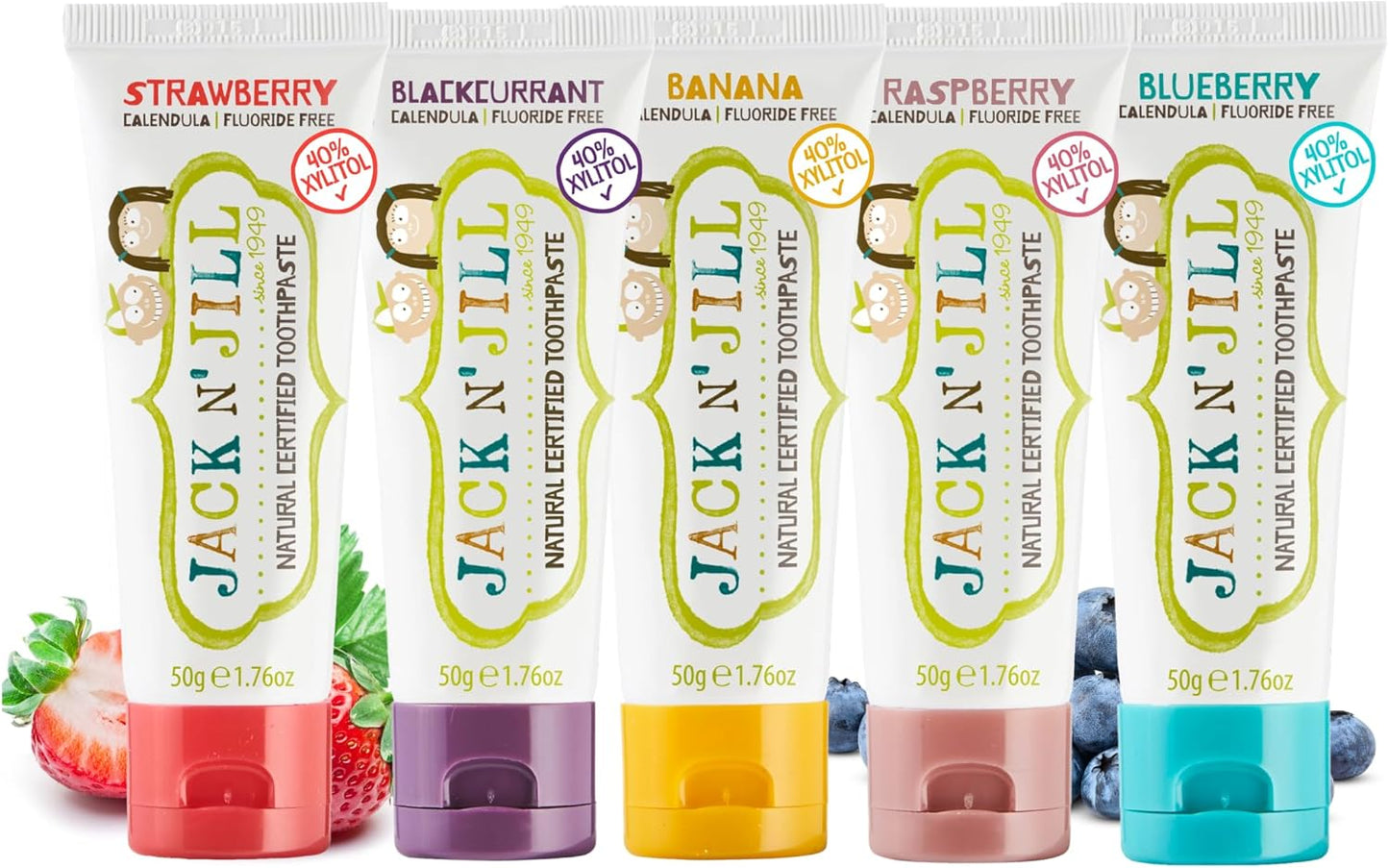 Jack N' Jill Natural Toddler Toothpaste - Fluoride Free Training Toothpaste for Toddlers 1-3, 40% Xylitol, BPA Free - 1.76 oz (Variety Pack of 5)