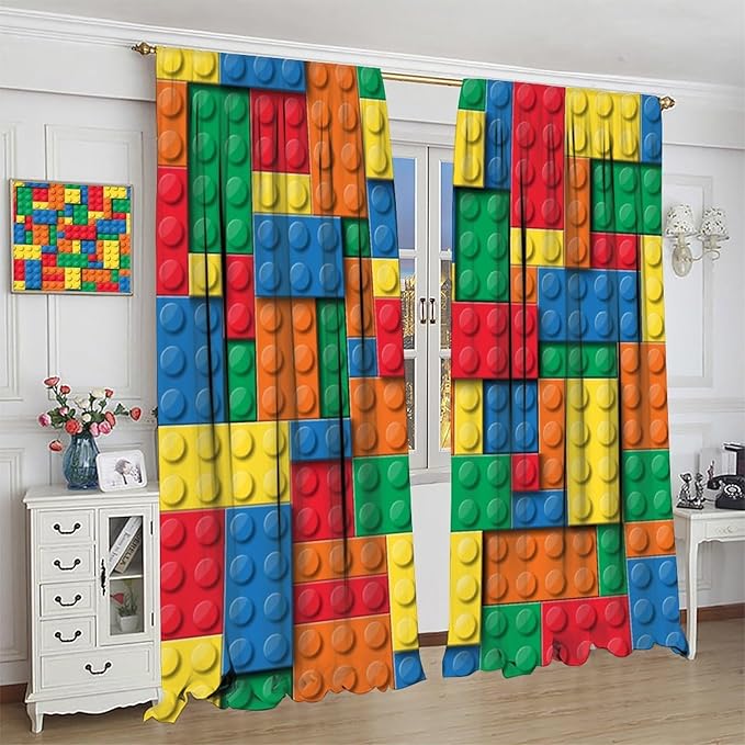 Kids Building Blocks Toy Curtains Children's Room Abstract Outline Colorful Plastic Toys Geometric Bricks Print Curtains for Boys Girls Nursery Curtains 42x45 Inches 2 Panels