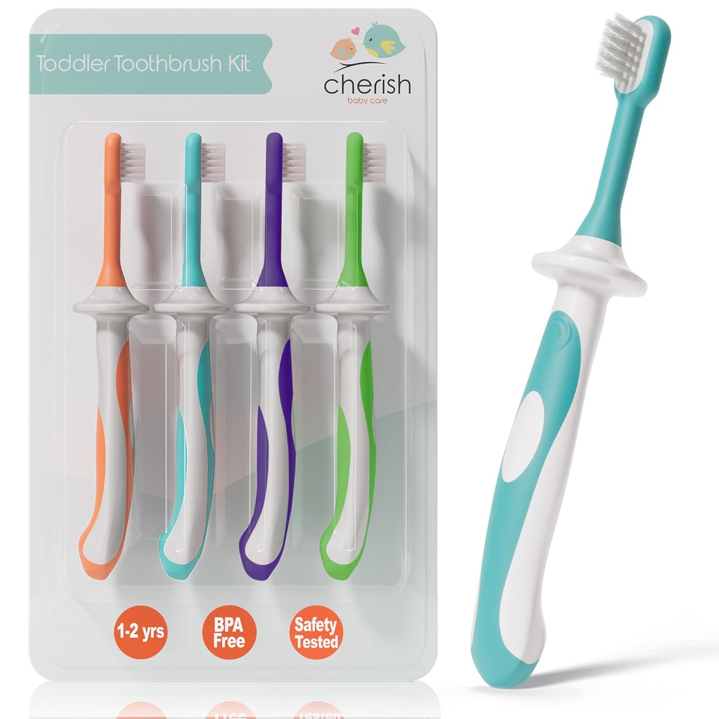 Cherish Baby Care Toddler Toothbrushes 1-2 Years (4-Pack) - BPA-Free & Safety-Tested Kids Toothbrush Kit, Designed by a Pediatric Dentist, Soft-Grip Toothbrush for Kids, My First Toothbrush Set