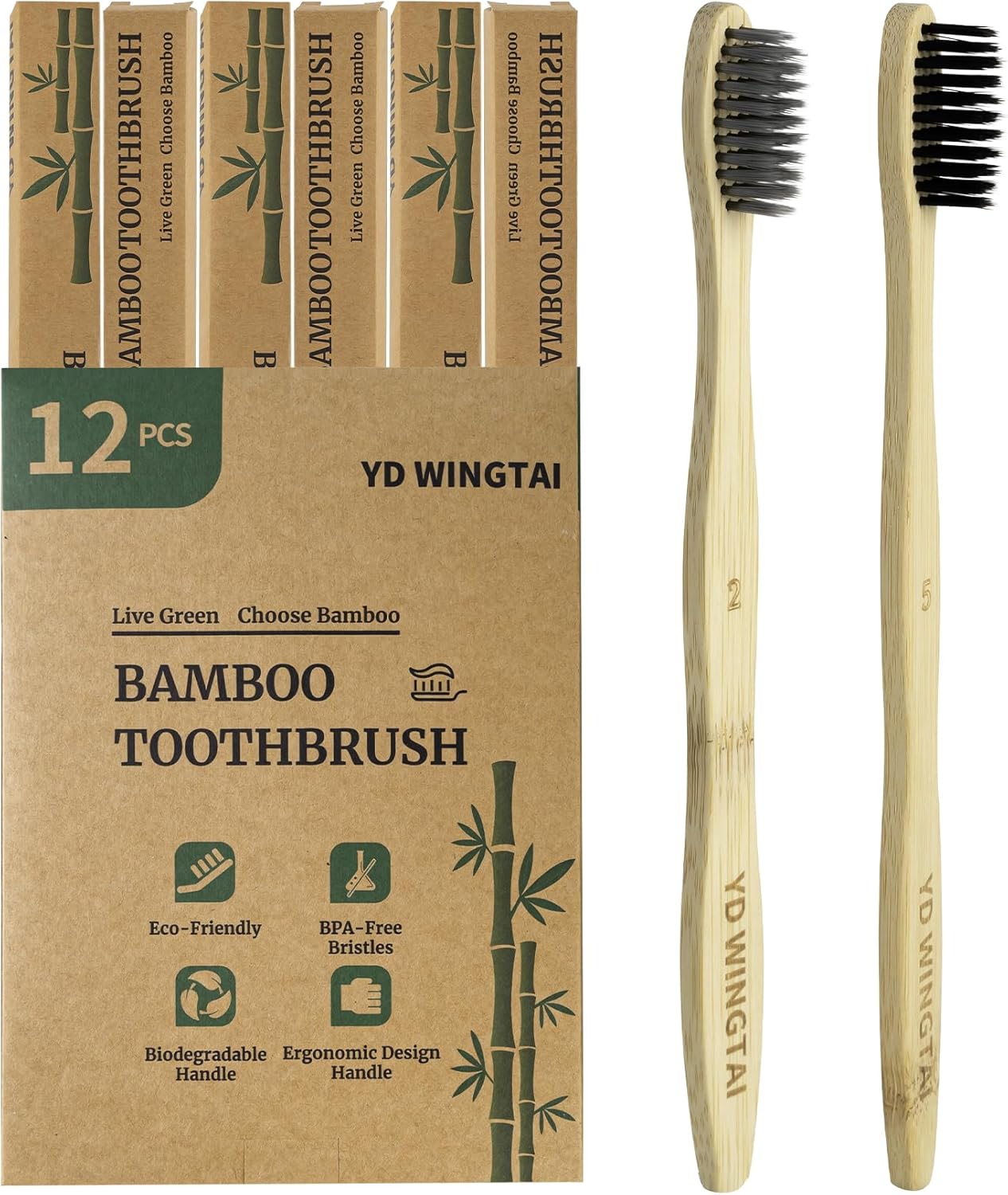 Biodegradable Bamboo Toothbrushes 12pack Non Plastic Toothbrush Natural Wooden Travel Size Organic Charcoal Tooth Brush