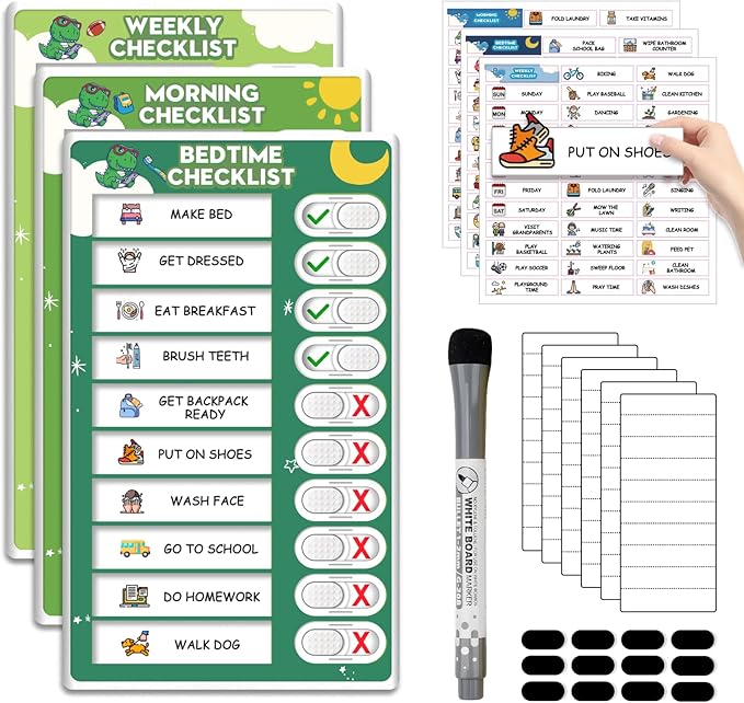 Upgraded Slider 3 in 1 Bedtime/Morning/Weekly Routine Chart for Kids, Magnetic Chore Chart for Kids with 99 Stickers, Cute Visual Schedule for Kid with Autism
