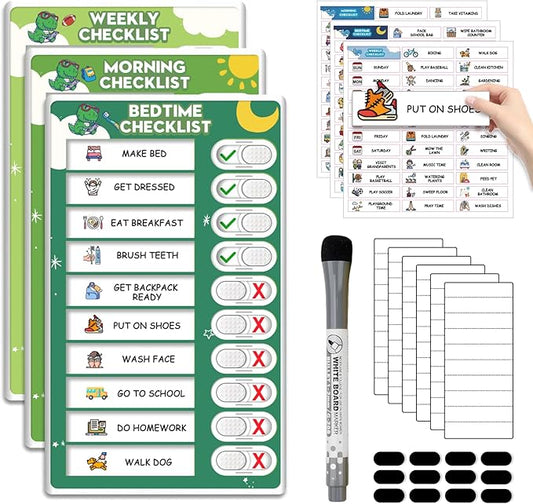 Upgraded Slider 3 in 1 Bedtime/Morning/Weekly Routine Chart for Kids, Magnetic Chore Chart for Kids with 99 Stickers, Cute Visual Schedule for Kid with Autism