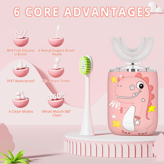 Kids Electric U Shaped Toothbrush,Kids Dinosaur Sonic Full Mouth Toothbrush with 4 Soft Brush Head Automatic 6 Cleaning Modes IPX7 Waterproof 360 Degree Cleaning - Age2-7 Pink