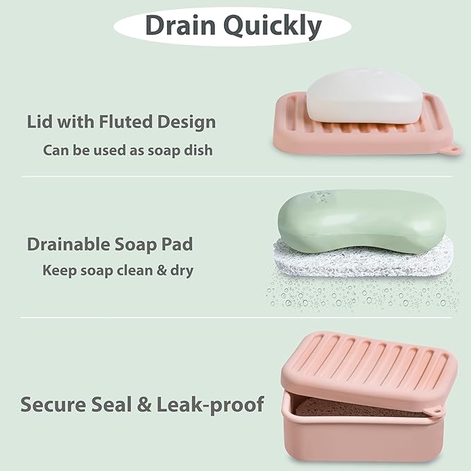 Portable Leakproof Travel Soap Case, Silicone Travel Soap Case, Compact Soap Holder with Drainage Layer, Travel Soap Holder for Camping, Gym, Outdoor (Coral-Red)