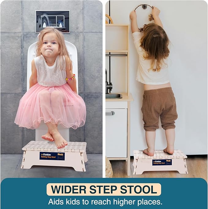 Flottian 5" Folding Step Stool for Adults and Kids 15-Inch Extra Wide Stool Holds Up to 300 lbs,Non-Slip Folding Stools with Handle,Compact Plastic Foldable Step Stool for Bathroom,Kitchen,ect Khaki