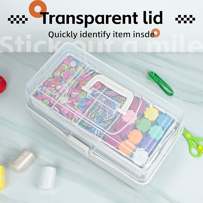 14in 3-Layer Multipurpose Craft Organizers and Storage with Adjustable Dividers, Portable Tackle Box, Folding Art & Craft Case for Medicine, Tool, Sewing Organizer (White, X-Large)