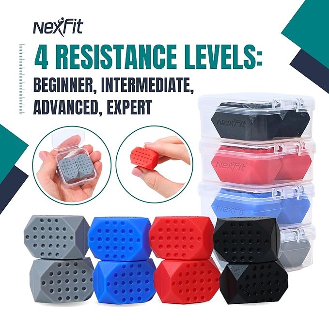 Jaw Exerciser for Men & Women – 4-Level Resistance Jaw Trainer for Men & Women – Food-Grade Silicone Double Chin Reducer – 8 Piece Kit with Carry Cases – Compact Mewing Jawline Shaper for Women