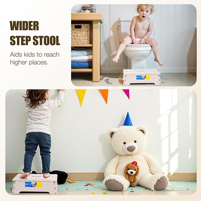 Korpai 5" Folding Step Stool for Adults and Kids 15-Inch Extra Wide Stool Holds Up to 300 lbs,Non-Slip Folding Stools with Handle,Compact Plastic Foldable Step Stool for Bathroom,Kitchen,ect, Khaki