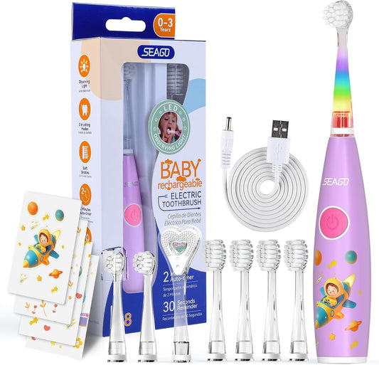 SEAGO Kids Electric Toothbrush Rechargeable with Smart Timer, LED Observing Light & DIY Stickers for Toddlers Ages 2-4, Soft Bristles for Oral Care, USB Charging (Pink)