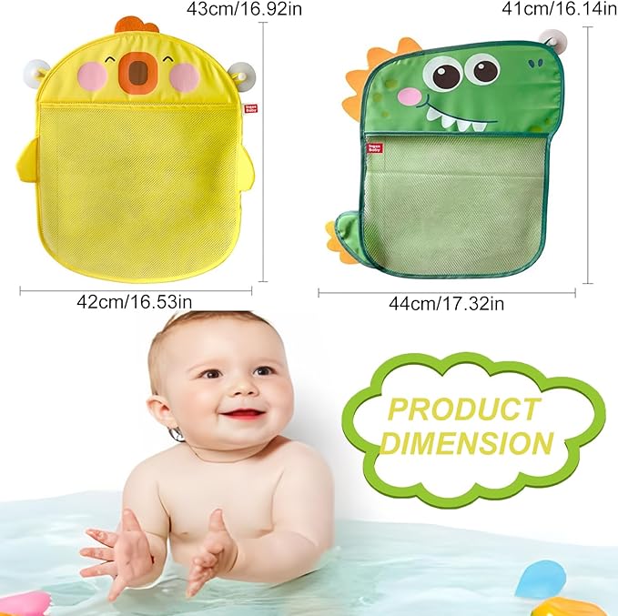 2 Pack Mesh Bath Toy Organizer, Anberky Cute Duck & Dinosaur Bath Toy Storage Net Bathtub Toy Organizer, Perfect Bathroom Hanging Storage Bag Quick Dry Bath Toy Holder Bag with 8 Strong Hooks (#A)