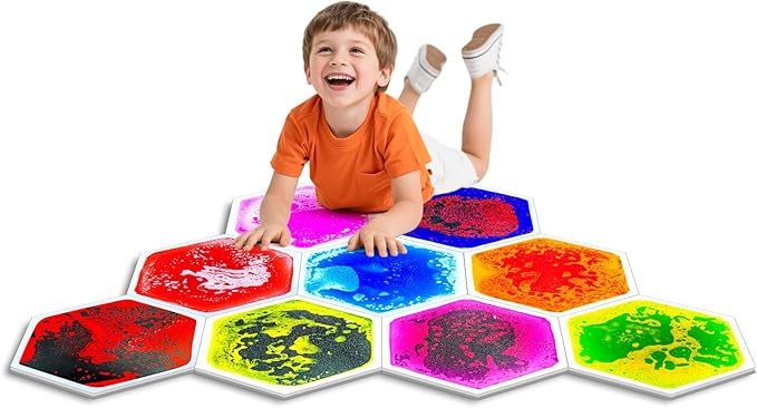 Liquid Sensory Floor Tiles - 9 PCS Hexagon Sensory Floor Pads for Kids Aged Over Three Years Old