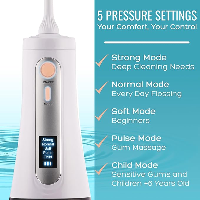 Portable Water Flosser – Cordless Oral Irrigator for Teeth Cleaning | 8 Jet Tips and 5 Modes | Travel and Home Use | Rechargeable and IPX7 Waterproof – White