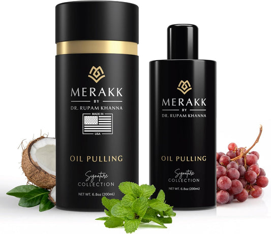 Merakk Coconut Oil Pulling Whitening Mouthwash for Teeth & Gums | Doctor Formulated | Natural Ayurvedic Oil, Clove & Grape Seed Oil - Oral Rinse - 6.8oz