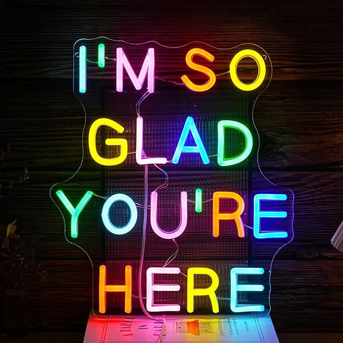 I’m So Glad You’re Here Neon Sign Dimmable Positive Affirmation LED Neon Light for Wall Decor USB Powered Multicolored Light Up Sign for Classroom Wedding Party Store Home Neon Decor