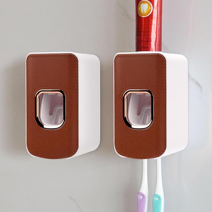 2 Slot Toothbrush Holder and Toothpaste Dispenser Wall Mounted, Automatic Toothpaste Squeezer, 2 in 1 Tooth Brush Toothpaste Organizer for Shower (Brown 2Pack)