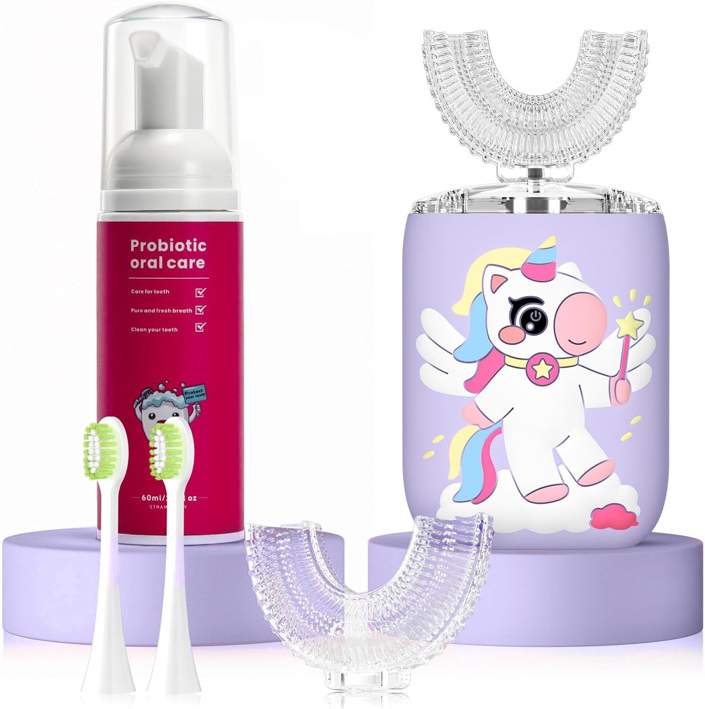Kids Electric U Shaped Toothbrush Unicorn Rechargeable Sonic Toothbrush with 4 Soft Brush Heads with Kid Toothpaste IPX7 Waterproof - (Age 8-15, Purple)