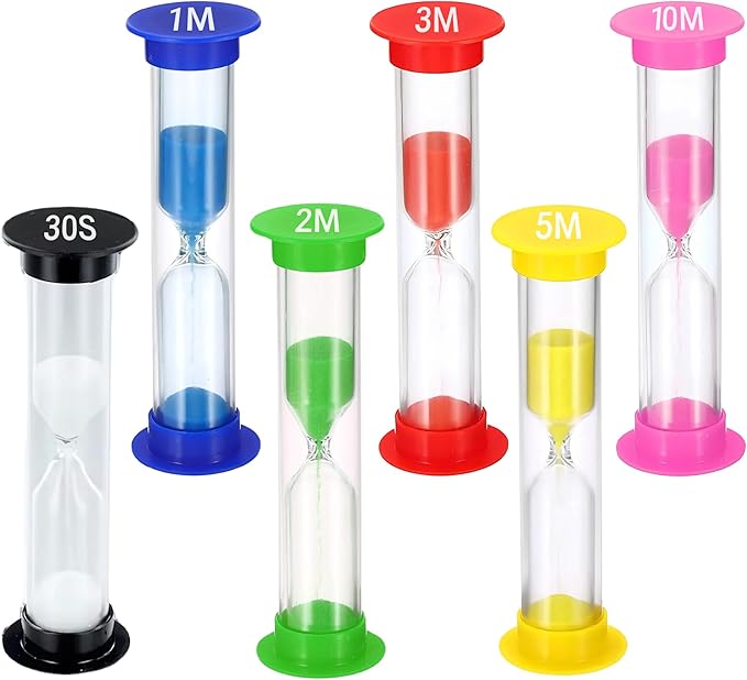 Sand Timer for Kids Set of 6 Small Colorful Hourglass Acrylic Covered Clock 30Sec 1Min 2Min 3Min 5Min 10Min for Classroom, Home & Kids Room