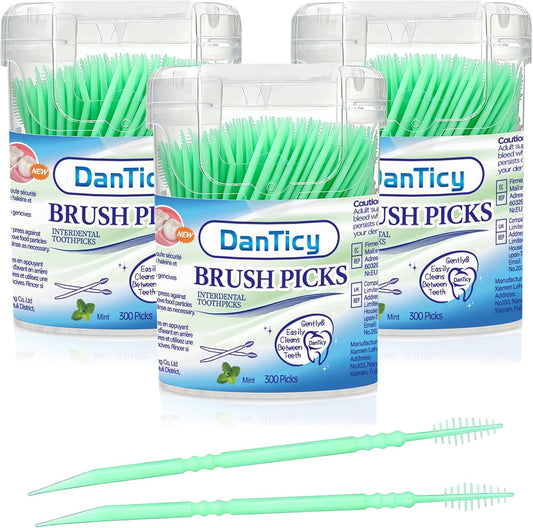 Brushpicks Interdental Toothpicks,Soft Bristle Dental Floss Picks Toothpicks,Helps Removes Plaque and Debris Between Your Teeth, Mint, 900PCS (Pack of 3)