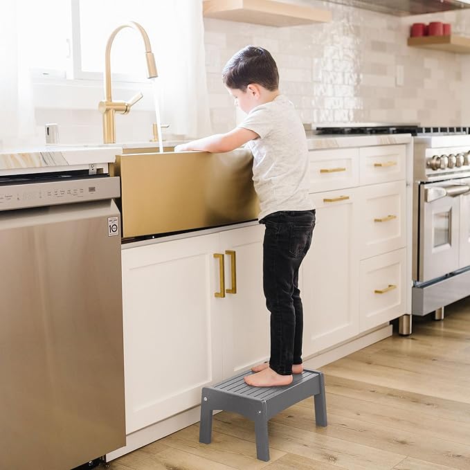 Wildkin Wooden Slatted Step Stool for Adults & Kids – Skid-Proof, 14 x 9.5 x 7 in, Durable for Bathroom & Kitchen Use, Holds Up to 150 lbs - Gray