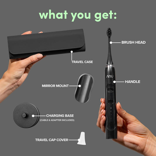 ARU Sonic Toothbrush Starter Kit with Customizable Modes and 2 Minute Timer, ADA-Approved Electric Toothbrush for Adults, Soft Toothbrush for Gums, 45+ Days Battery, Travel Case, Midnight Black