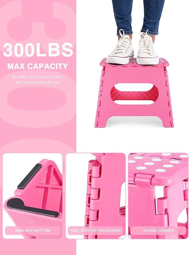 Dyforce Folding Step Stool 11", Durable Kids Step Stool, Heavy Duty Step Stools for Adults, Compact Foot Stools, Light-Weight Toddler Step Stools for Kitchen, Bathroom, Holds Up to 300 lbs (Pink)