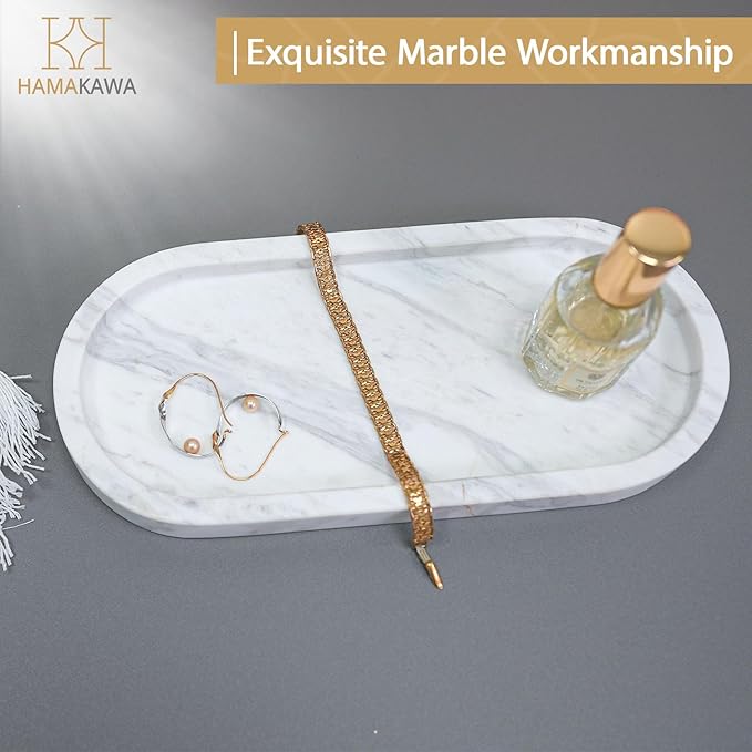 Oval Bathroom Vanity Tray, Large Natural Marble Sink Tray 10 Inch, Volakas White Stone Soap Trays, Modern Perfume Trays, Countertop Organizer for Kitchen, Coffee Table, Home Decor