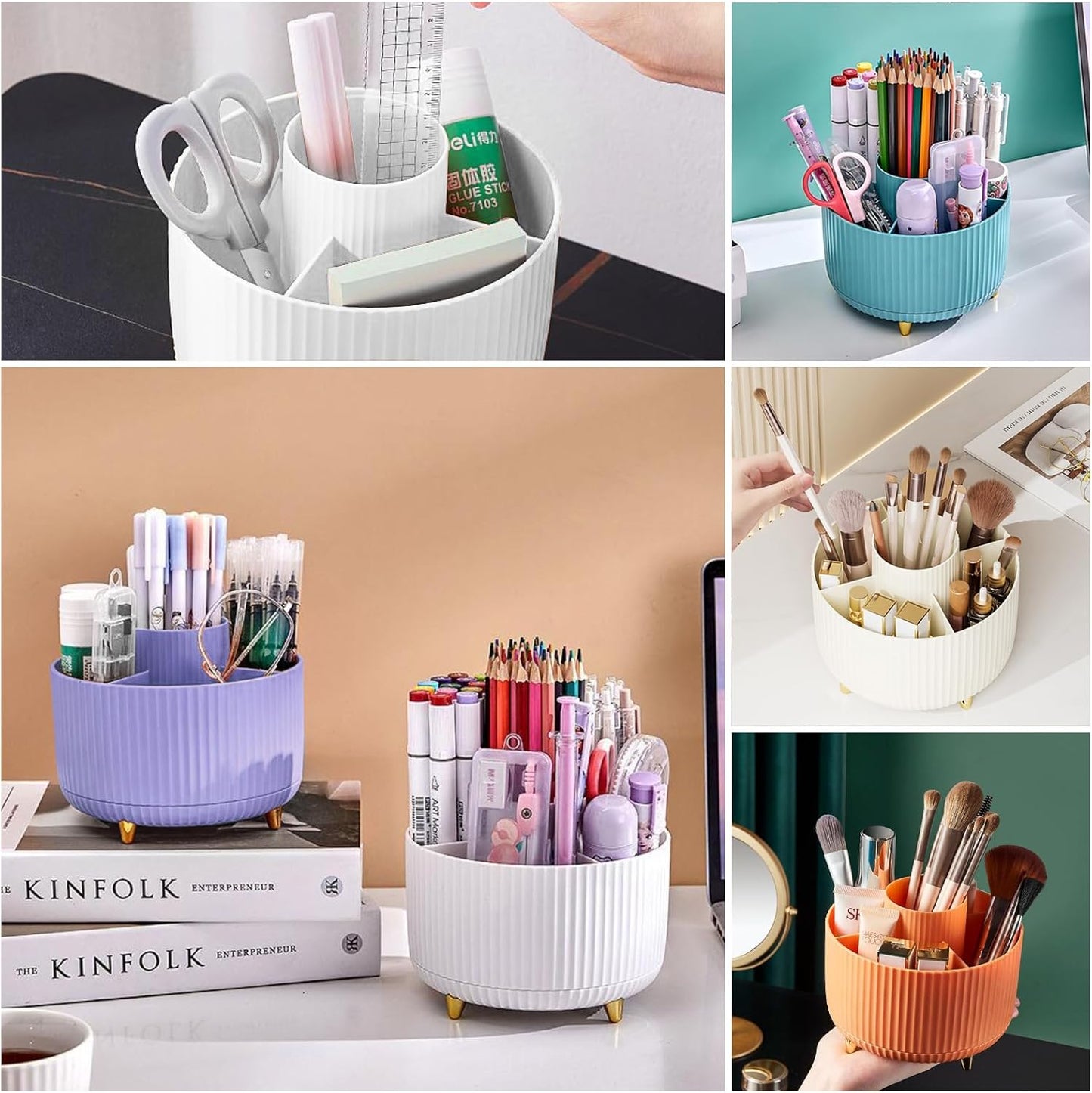DASITON Large Capacity Makeup Brush Holder,360° Rotating Makeup Organizer,5 Slot Makeup Brushes Cup,for Vanity Decor,Bathroom Countertops,Desk Storage Container,Cosmetic Display cases(Purple)