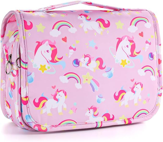 Kids Hanging Toiletry Bag for Girls, Travel Toiletry Bag for Little Young Girls Cosmetic Makeup Waterproof Wash Bag Toddler Traveling Toiletries, Unicorn Pink