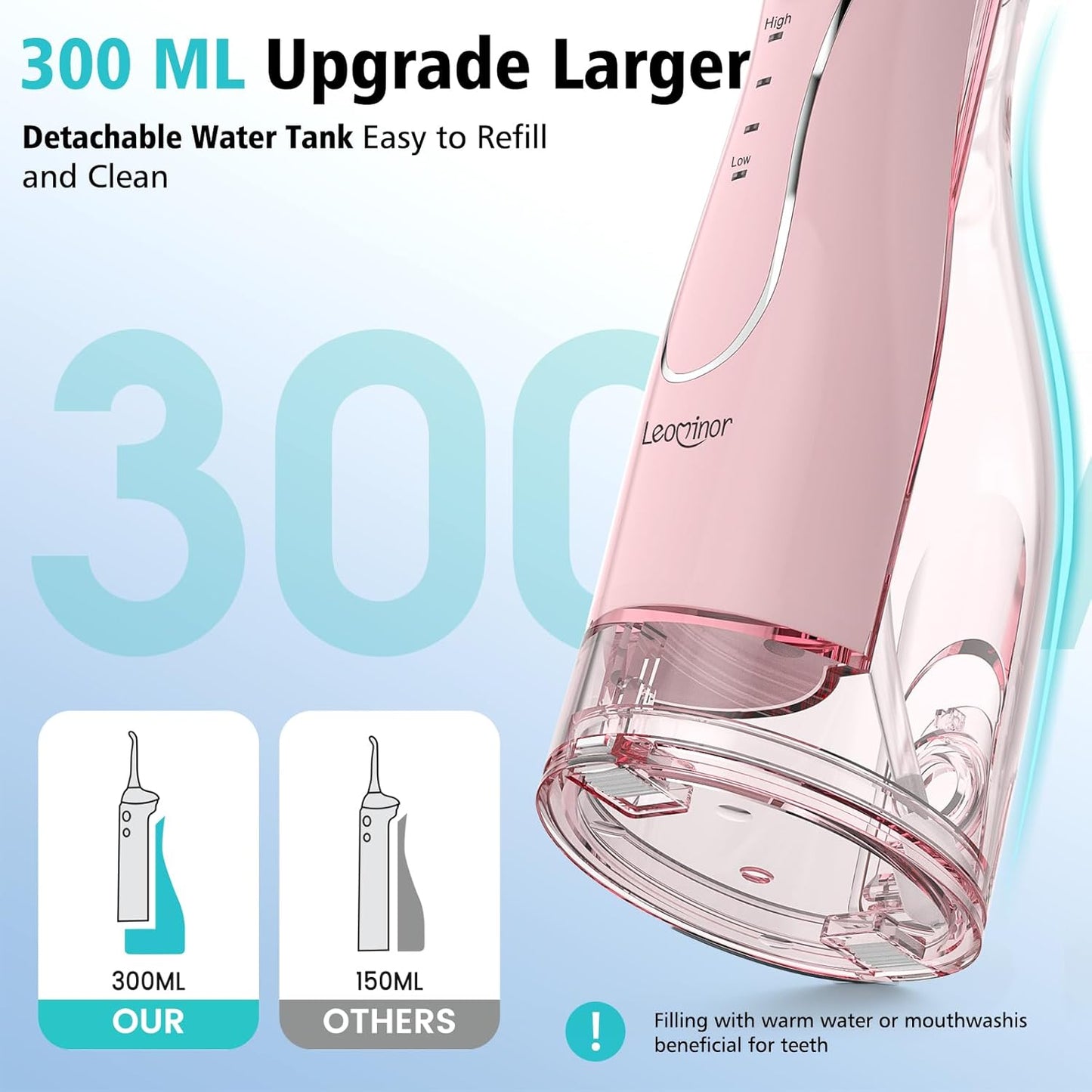 Leominor Water Flosser Pick for Teeth, 300ML Portable Oral Irrigator Upgraded Tank Removable,IPX7 Waterproof, Rechargeable Travel Teeth Cleaner, Professional Electric Flossing Machine (Pink)