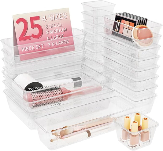 25 PCS Plastic Drawer Organizer Set, 4-Size Clear Bathroom and Vanity Desk Drawer Organizer Trays, Non-Slip Versatile Storage Bins for Makeup Jewelry Office Kitchen Gadgets