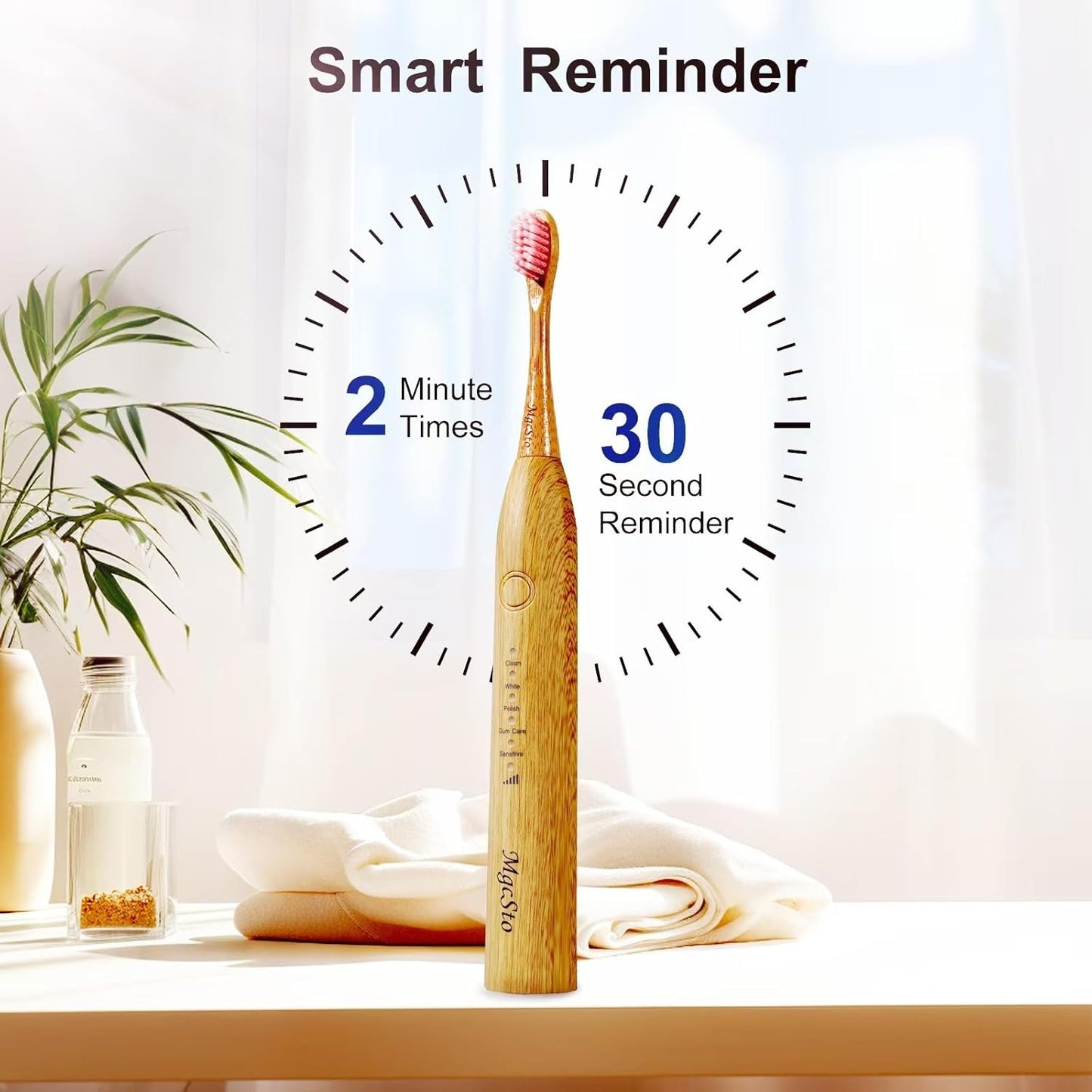 Electric Bamboo Toothbrush Sonic Toothbrush - 4 Replaceable Bamboo Brush Heads Eco-Friendly IPX7 Waterproof Electric Toothbrush, One-Button Switch Five-Mode Brushing