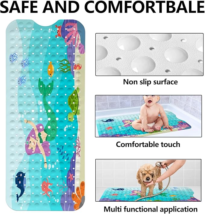 LNOND Bath Mat for Tub for Kids, Ocean Mermaid Bathtub Mat, Kids Bath Mats for Bathroom Non Slip with Drain Holes and Suction Cups,Machine Washable (40 X 16 Inch)