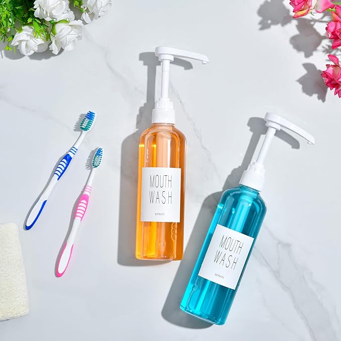 VITVITI Plastic Mouthwash Dispenser for Bathroom, 17 OZ Pump Mouth Wash Container Bottle with Cup, Clear Refillable Mouthwash Dispenser with Labels, Set of 2