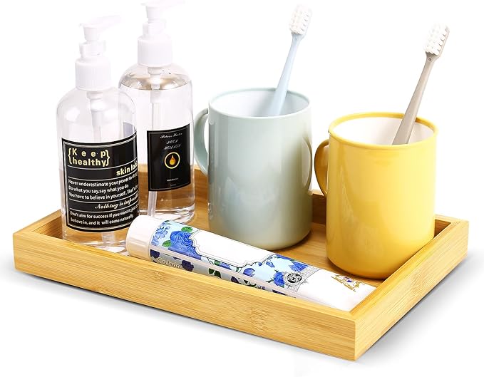 Natural Bamboo Vanity Tray, Sink Tray, Smooth and Thick Wooden Tray for Toilet Tank and Bathroom Counter Top, Kitchen Decor Wood Holder and SPA Home, 11.5x7.6x1.2 inches