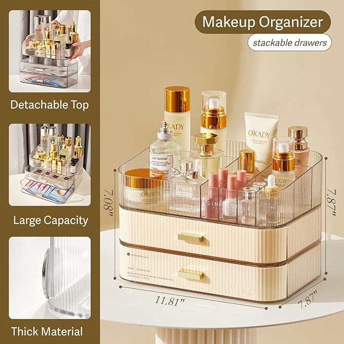 Makeup Organizer with Stackable Drawers, Bathroom Countertop Vanity Organizers and Storage, Ideal for Desk and Dresser, Great for Cosmetics, skin Care, Lipsticks, Nail Care -Cream White