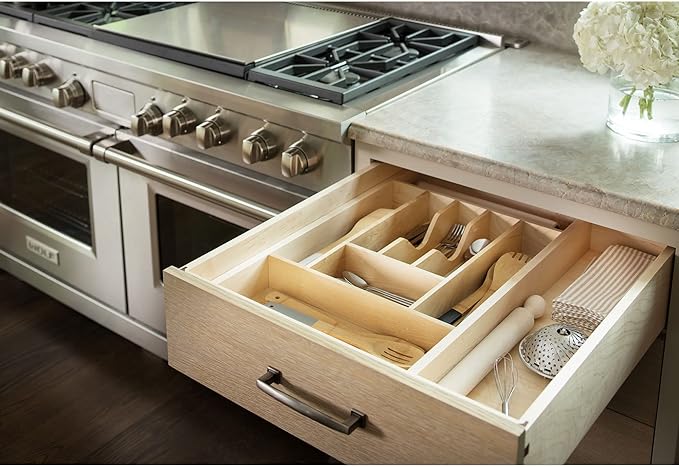 Rev-A-Shelf Trim-to-Fit Silverware Drawer Organizer For Kitchen Utensil Cutlery Cabinet Storage, Natural Maple Wood 7 Compartment Tray Insert, 4WCT-1