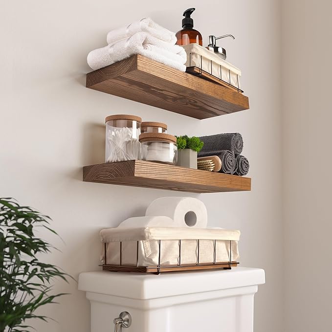 BAOBAB WORKSHOP Set of 2 Wooden Bathroom Baskets Organizer & Storage - Basket for Bathroom & Kitchen Decor - Toilet Tank Tray - Toilet Paper Basket for Back of Toilet Organizer