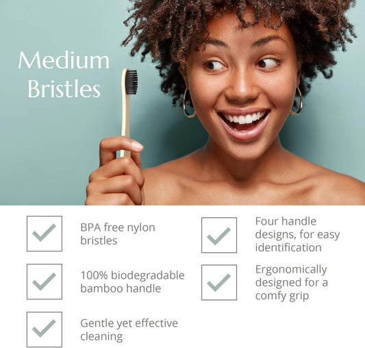 Wild & Stone | Organic Bamboo Toothbrush | Four Different Pattens | Dupont Fibre Bristles | 100% Biodegradable Handle | Vegan Eco Friendly Bamboo Toothbrushes (Medium)