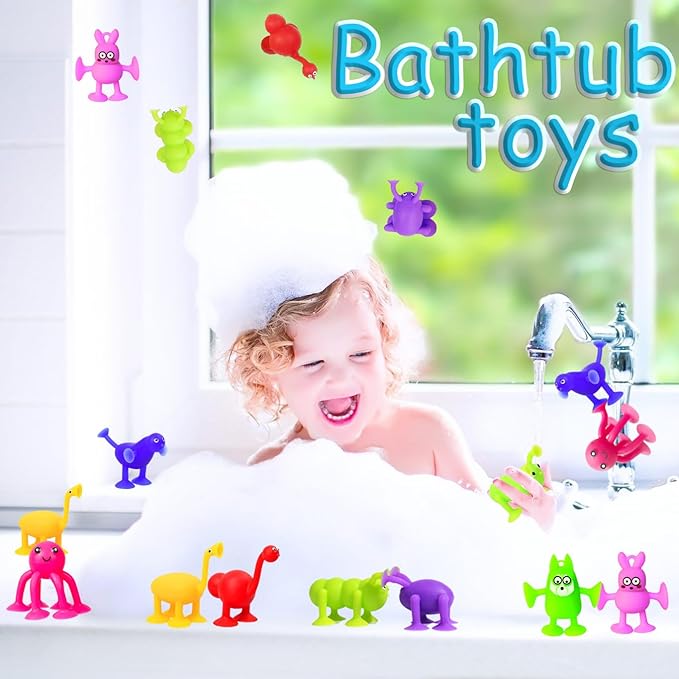 Bath Toys for Kids Toddlers Suction Cup Toys Animals Suction Sensory Toys Family Game Preschool Window Travel Toy Set - 40pcs Large Egg Container
