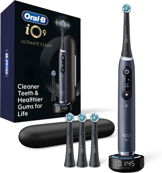 Oral-B iO Series 9 Limited Rechargeable Black Electric Toothbrush with (2) Ultimate Clean and (1) Gentle Care Replacement Brush Heads, Black, Travel Case and Charger