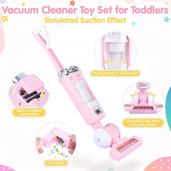 Kids Vacuum Cleaner Toy Set for Toddlers - 2PCS Toy Vacuum Sets for Toddlers 3+ Toddler Vacuum Toy That Works with Sound Effects, Baby Play Vacuum Pretend Role Play Household Housekeeping