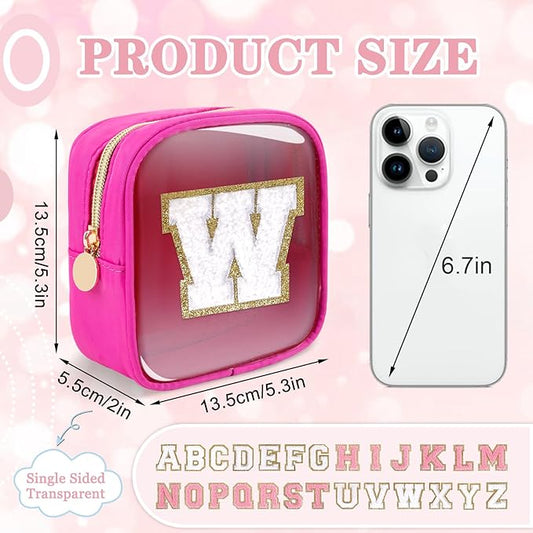 Mini Clear Personalized Initial Makeup Bag, Small Preppy A-Z Chenille Letter Patch Cosmetic Pouch, Transparent PVC & Nylon Waterproof Zip Beach Toiletry Bag,Gift for Women Girls(Hot Pink-White W)