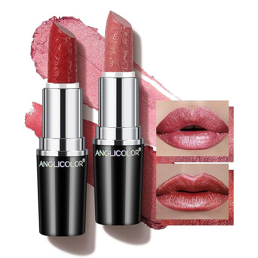 Anglicolor 2pcs Metallic Glitter Pink and Red Lipstick High Impact Lipcolor,Moisturizing Creamy Formula,Lipstick For Women,Smooth and Non-Sticky,Full-Coverage Lip Color