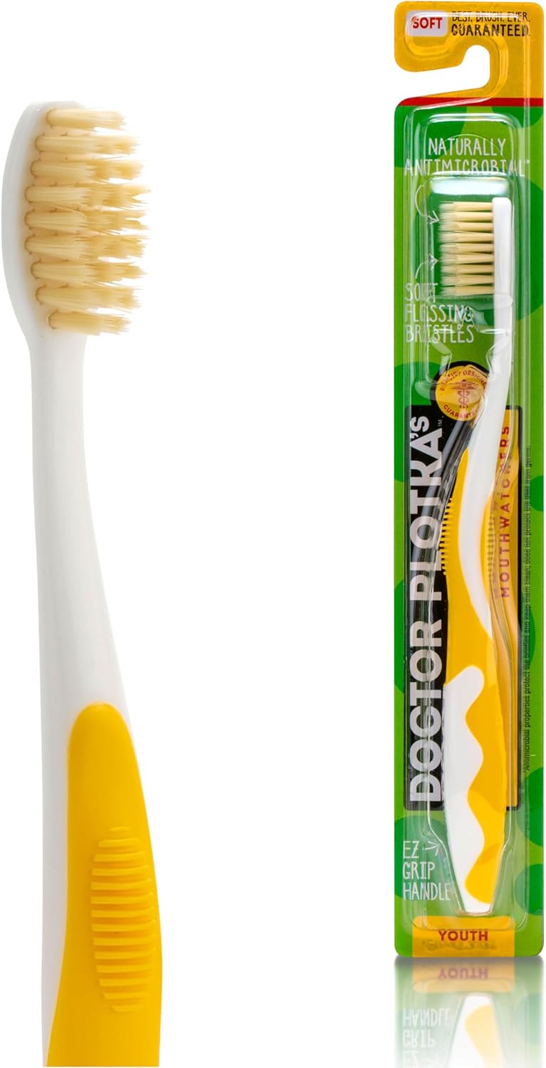 MOUTHWATCHERS Soft Flossing Toothbrushes for Kids, Yellow, Ultra Clean Manual Toothbrush for Sensitive Teeth & Gums, by Dr. Plotka