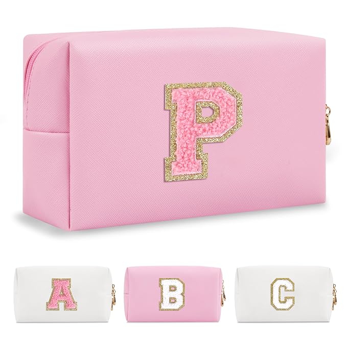 Personalized Initial A-Z Preppy Patch Makeup Bag,Small PU Leather Chenille Letter Cosmetic Bag with Zipper for Teen Girls,Pink Cute Travel Toiletry Bag,Birthday Monogrammed Gift for Daughter,Letter P