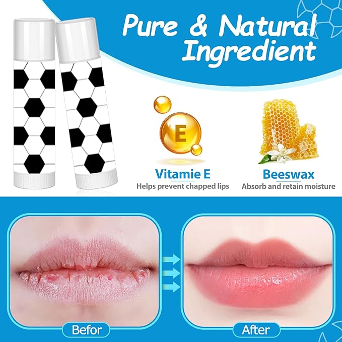 12 Pack Soccer Lip Balm for Soccer Theme Party Bulk Gifts,Beeswax Moisturizing Lip Balm,Vanilla Flavor Plumping Chapstick for Soccer Team Girls kids Men Women Sports Lovers